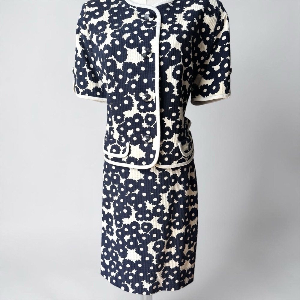 Vintage Don Elliott Navy White Floral Textured 2 Pc Skirt Suit Set Sz 14